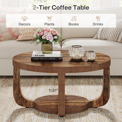 Tribesigns Round Coffee Table, 2-Step Round Coffee Table with Storage Space, 80 cm, Modern Accent Table Made of Wood for Living Room, Thick Table Top and Base, Rustic Brown