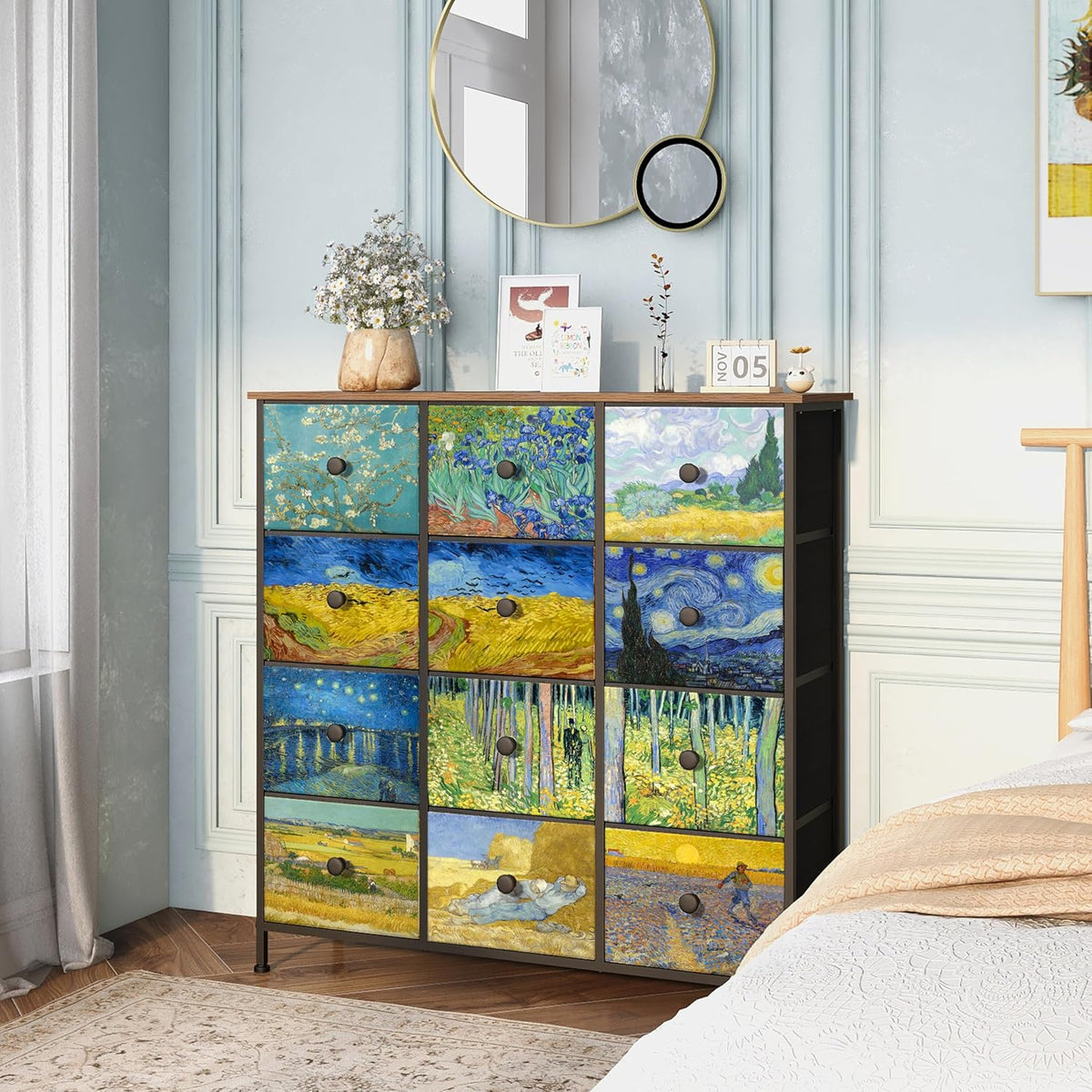 VEDECASA Commode voor slaapkamer kast met 12 laden van stof Van Gogh opbergtoren voor kast voor woonkamer kinderkamer hal kantoor metalen frame houten plaat stoffen commode
