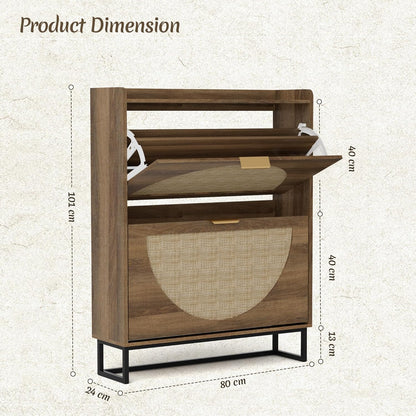 Schoenenkast Smal, Schoenrek met 2 Kleppen, Schoenkipper met Verstelbaar, Schoenopslag Hout, Schoenenplank Schoencommode voor Entree, Woonkamer, Hal, 80x24x102 cm, Rattan