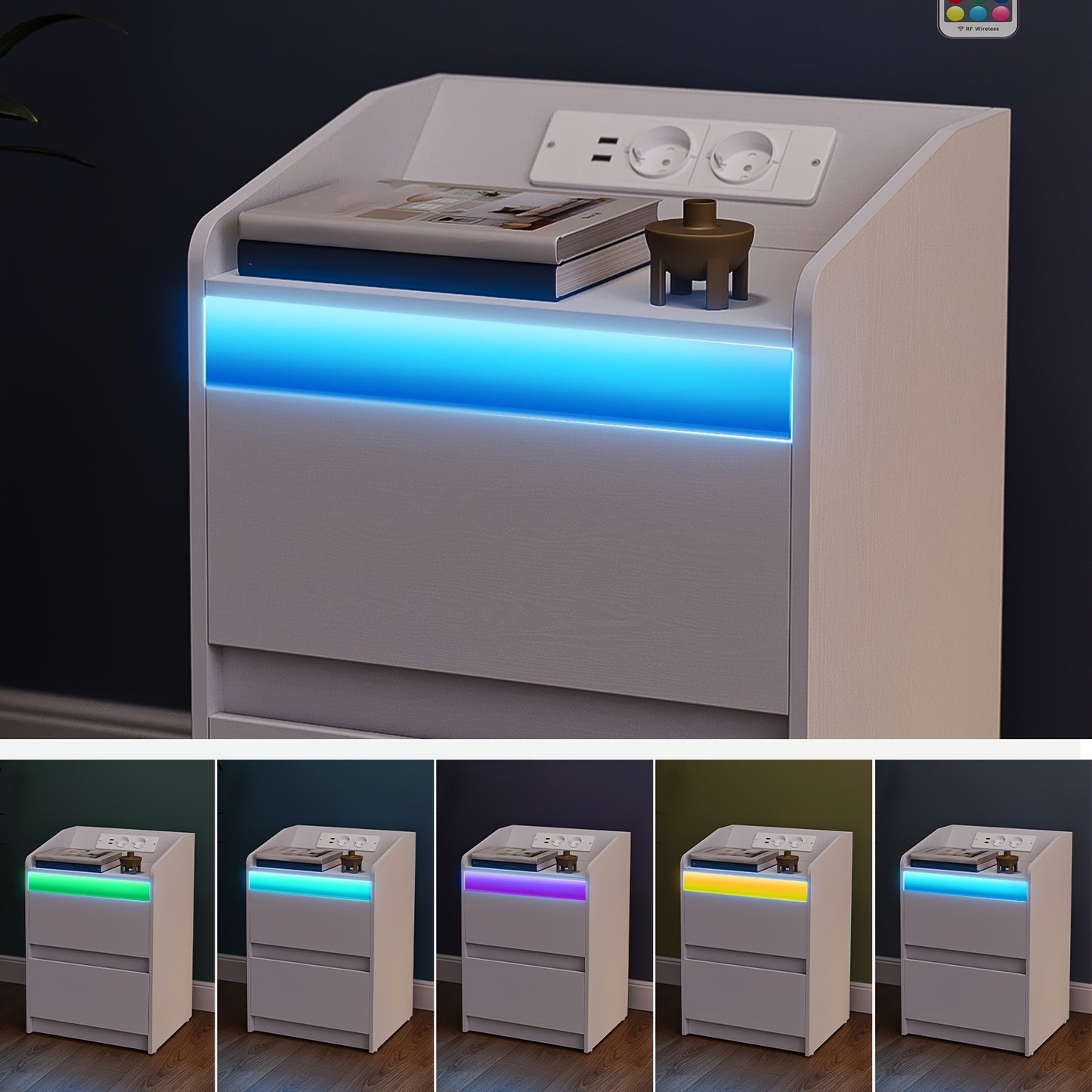 Nachtkastje – Nachtkastjes – Bijzettafel – Opbergkastje – Wandkast – Set van 2 – LED-verlichting – USB Oplaadstation – Zwart – 35x40x58 cm – Spaanplaat