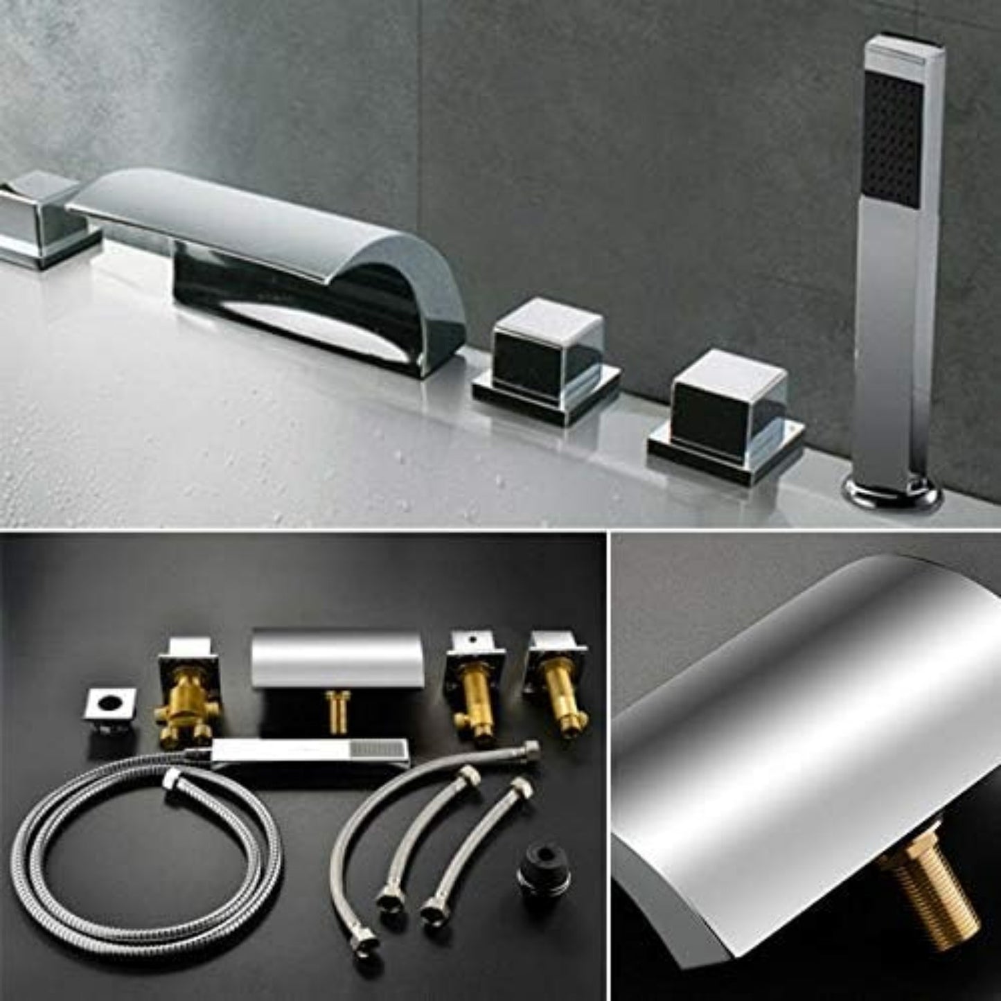 Quiltern Modern Waterfall Bath Faucet - Edge Mount 5-Hole Installation for 1/2" Hose, Brass & Chrome Bathroom Sink/Fixture with Spiral Drain & Valve