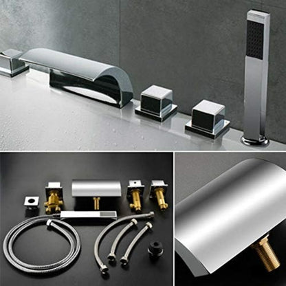 Quiltern Modern Waterfall Bath Faucet - Edge Mount 5-Hole Installation for 1/2" Hose, Brass & Chrome Bathroom Sink/Fixture with Spiral Drain & Valve