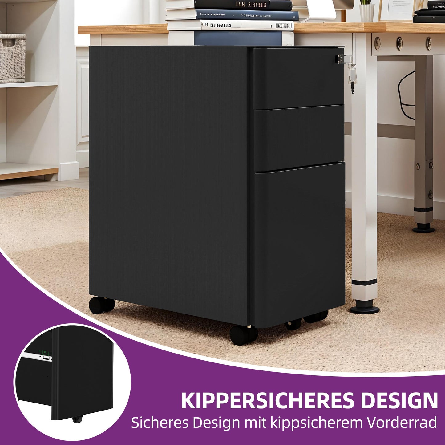 Ladekast – Ladenkast – Opbergkast – Dressoir – Documentenkast – Metalen Kastje – 3 Afsluitbare Lades – Mobiel Met Zwenkwieltjes