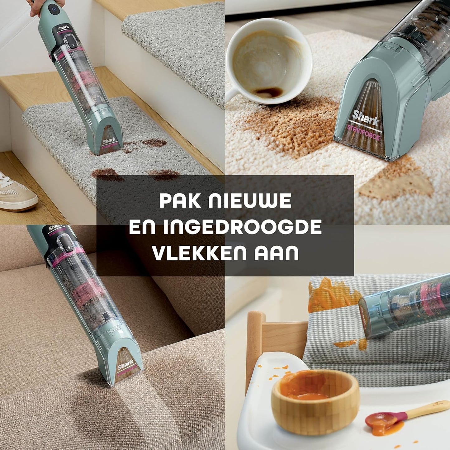 Shark StainForce snoerloze vlekkenverwijderaar, lichtgewicht en draagbare vlekkenverwijderaar voor tapijten, bekleding, trappen, auto's, met opvangbak, accessoires en 2x reinigingsoplossing, HX100EUCP