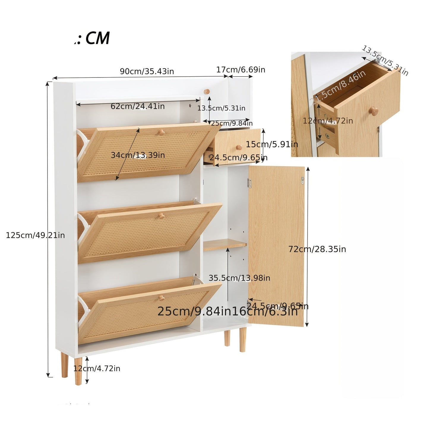 Schoenenkast – Schoenenrek – Schoenenopberger – Schoenenmeubel – Schoenenkastje – Smal Design – MDF en Massief Hout – 90x125x17 cm – 3 Kantelbare Deuren en Lade – Natuurlijk Houtlook