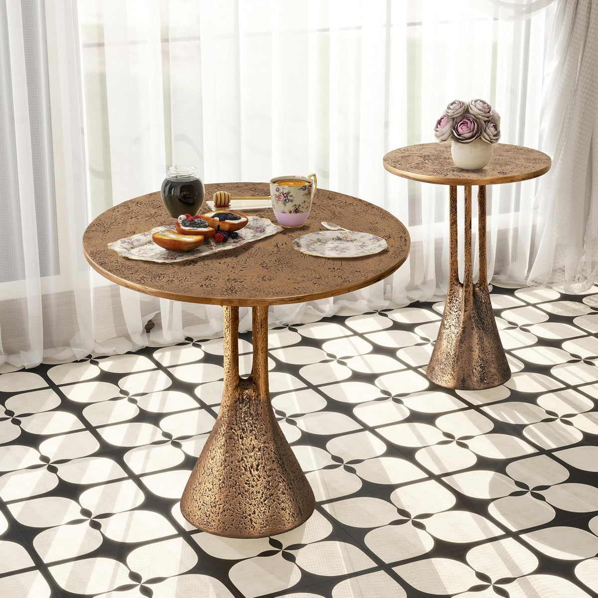 SHYFOY Ronde bijzettafel, 60 cm diameter, vintage brons, tafelblad van glasvezel en gehard glas, retro accenttafel voor woonkamer, slaapkamer en terras, 56 cm hoog