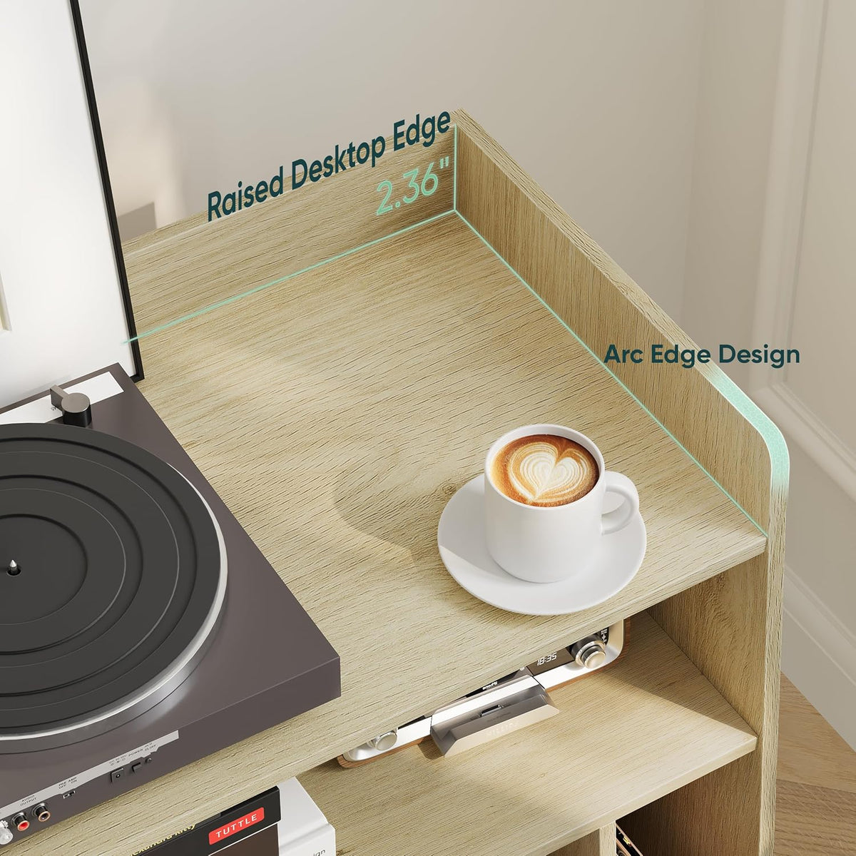 Draaitafel Tafel Groot – Platenspeler Meubel – Platenkast – Vinyl Opbergkast – Platenrek – Rotan Kastdeuren Met Verborgen Vinyl Opbergruimte – Massief Houten Poten
