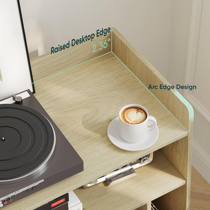 Draaitafel Tafel Groot – Platenspeler Meubel – Platenkast – Vinyl Opbergkast – Platenrek – Rotan Kastdeuren Met Verborgen Vinyl Opbergruimte – Massief Houten Poten