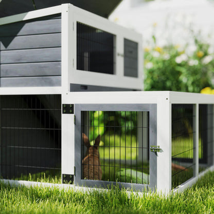 Konijnenhok – Knaagdierverblijf – Cavia Ren – Bunny Cage – Kleine Huisdierkooi – 2-laags Houten Ren – Inklapbaar Dak – Winterbestendig Design – 122x95x93,5 cm