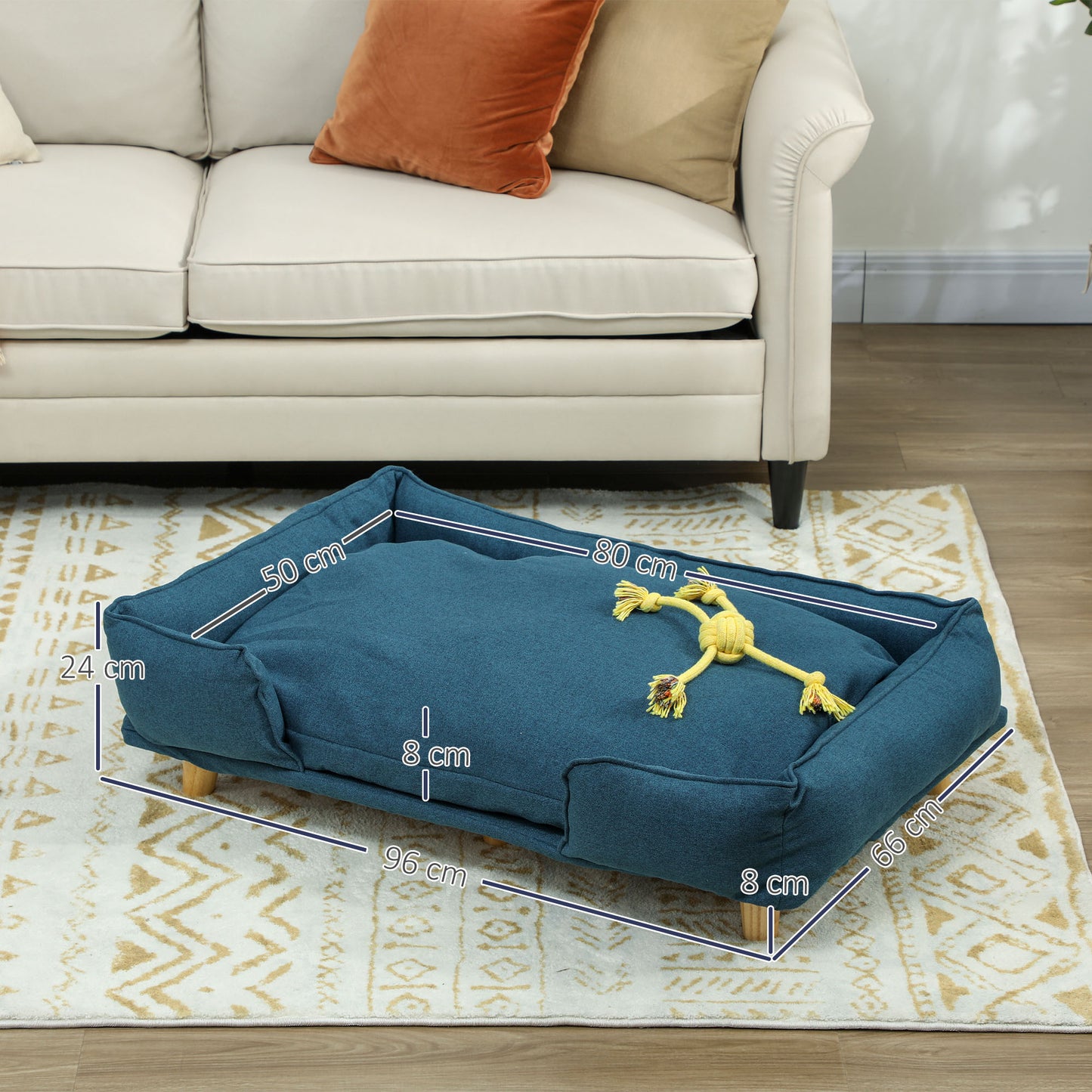 Hondenmand – Hondenbankje – Hondenbed – Huisdier Sofa – Afneembaar Kussen – Donkerblauw – Verhoogde Houten Pootjes – 96x66x24 cm