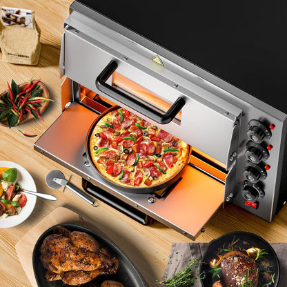 Wiltec pizzaoven met 2 niveaus 3000 W, oven voor pizza's incl. cordieriet pizaasteen, vuursteen voor steenovenpizza's, bakoven vor gerechten en maaltijden, pizzabakoven met twee kijkvensters