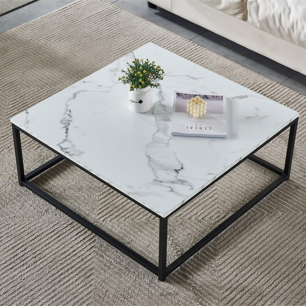 MEUBLE COSY Koffietafels met imitatie marmer-look, moderne vierkante woonkamertafel, met stalen frame, bijzettafel, metaal, zwart, 80x80x34cm
