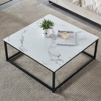 MEUBLE COSY Koffietafels met imitatie marmer-look, moderne vierkante woonkamertafel, met stalen frame, bijzettafel, metaal, zwart, 80x80x34cm