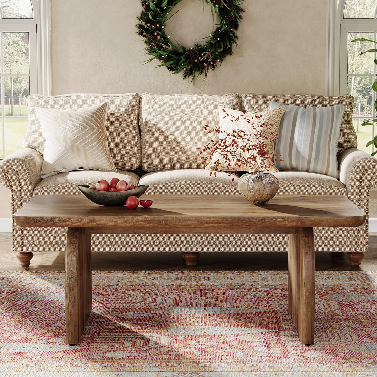 Tribesigns Rectangular Coffee Table, 111cm Wooden Rectangular Living Room Table, Farmhouse Accent Center Table, Low Cocktail Tea Table with Sturdy Base and Rounded Corners, Easy Assembly, Rustic