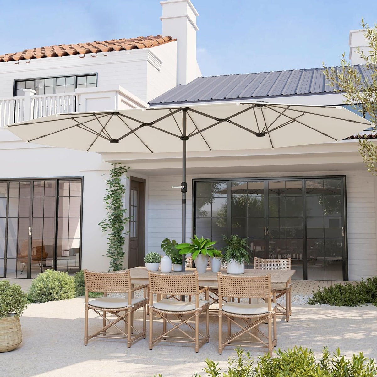 Outsunny Double Umbrella, 437 x 260 cm, UV Protection, Steel Parasol with Hand Crank, Oval Balcony Screen, Beach Screen, Windproof, Stable Market Umbrella, Crank Umbrella for Beach, Balcony,