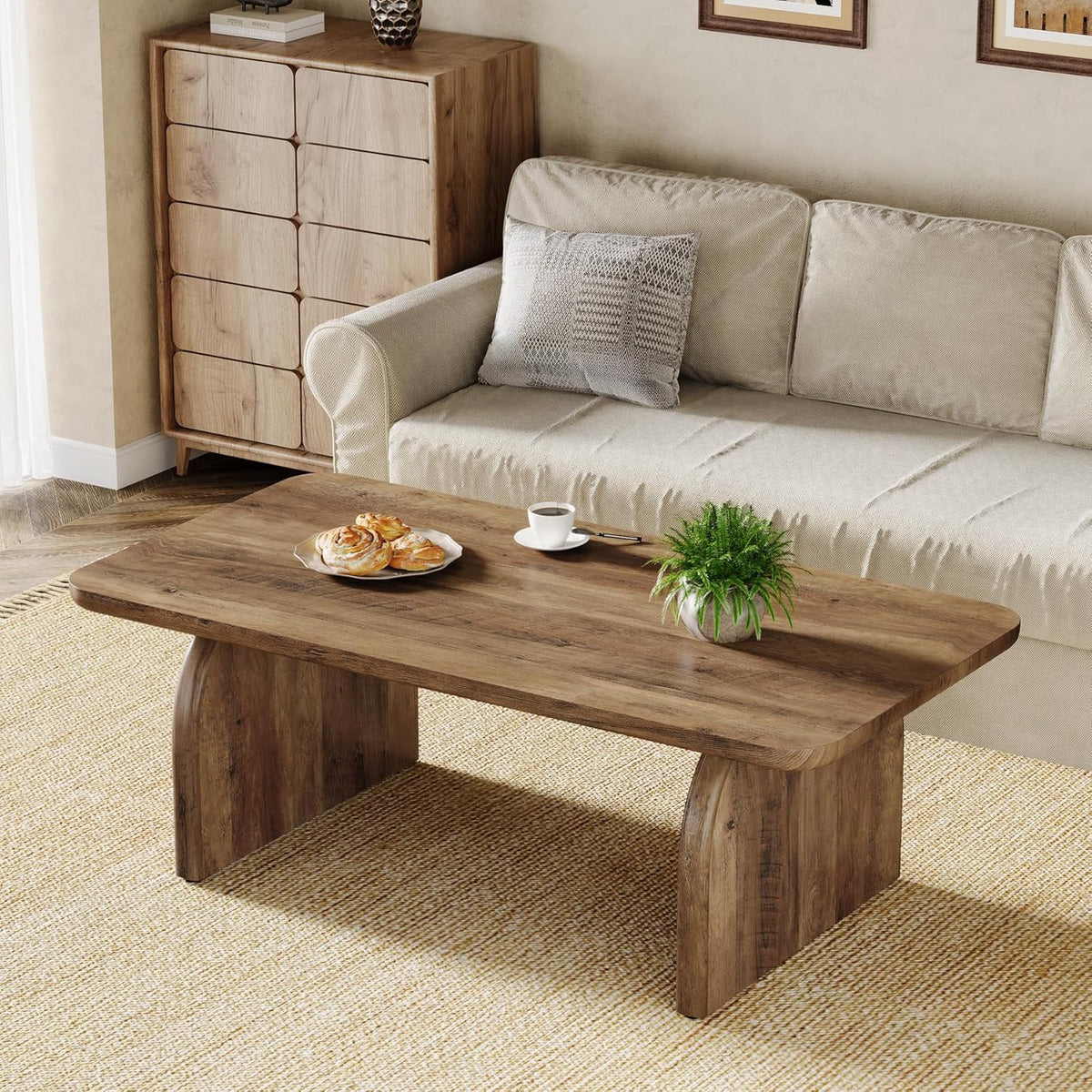 Tribesigns Rectangular Coffee Table, 111cm Wooden Rectangular Living Room Table, Farmhouse Accent Center Table, Low Cocktail Tea Table with Sturdy Base and Rounded Corners, Easy Assembly, Rustic