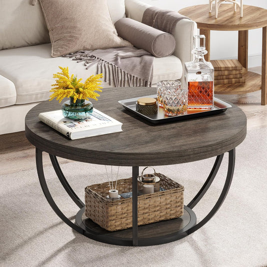 Tribesigns Round Coffee Table, 80.5cm Wooden 2-Tier Circle Coffee Table with Storage Shelves, Modern Accent Cocktail Table Center Table for Living Room, Grey