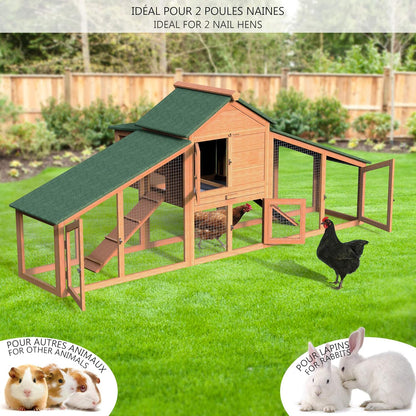 vounot Wooden chicken coop with nest box and perch, chicken coop, 2 chickens, 210 x 85 x 85 cm, with ramps and lockable doors, large activity area, ideal for chickens, small animals, rabbits