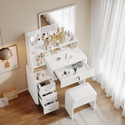 Kaptafel – Make-up Tafel – Dressing Table – Cosmeticatafel – Hoektafel – Met Spiegel en Kruk – 3 Lades en Open Planken – Compact Hout Kunststof