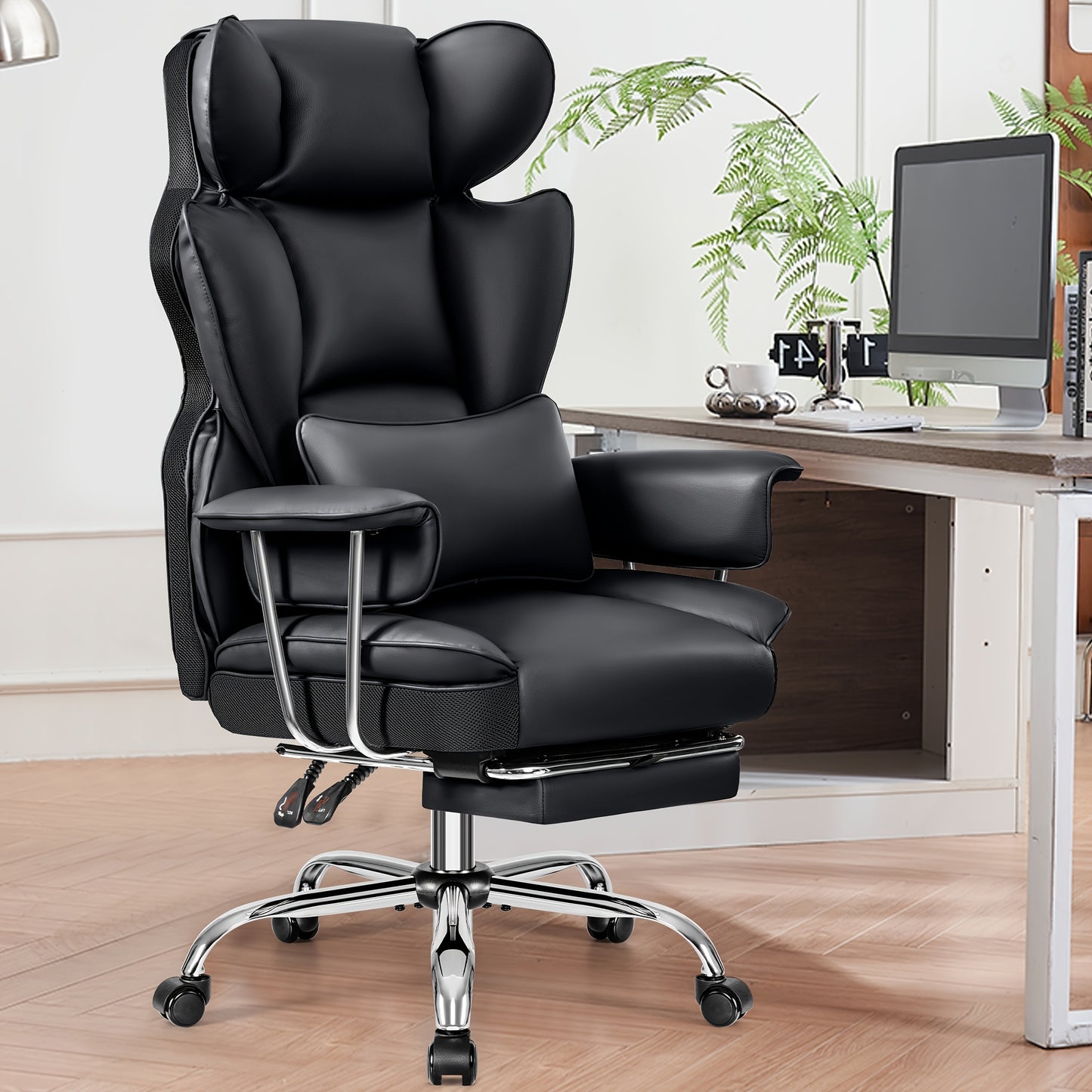 Ergonomische Bureaustoel – Bureaustoel Met Voetensteun – Kantoorstoel – Directeurstoel – Werkstoel – 360° Draaibaar – Verstelbare Rugleuning – Stevig Metaalframe – Witte Kunstleren Bekleding