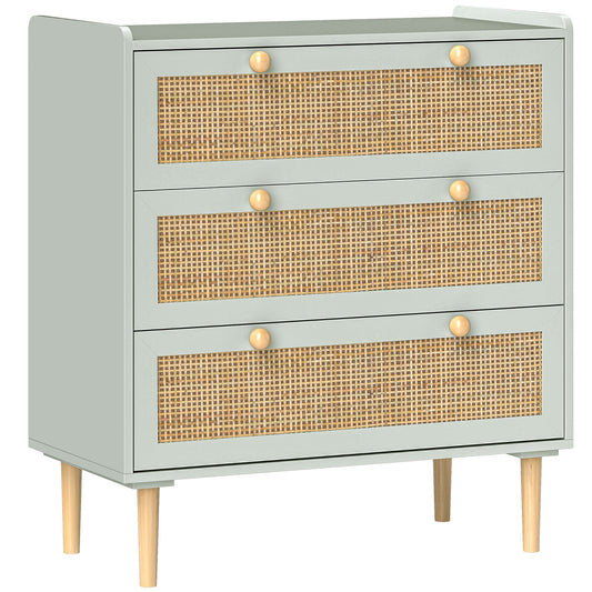 HOMCOM 3-Drawer Bohemian Style Storage Dresser with Wooden Frame, Rattan Dresser for Bedroom, Living Room, Entryway, 80 x 40 x 87.5 cm, Olive Green