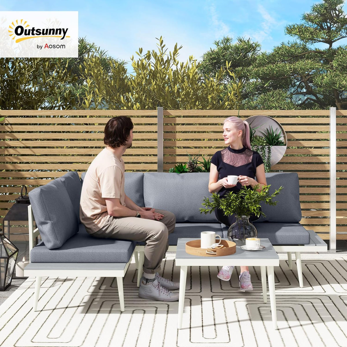 Outsunny Gartenmöbel Set 4 Persons wetterfest Balkonmöbel-Set mit 2er Sofa, Kissen Beistelltisch Stahl Outdoor Sitzgruppe Terrassenmöbel Gartengarnitur Gartenlounge für Garten Terrasse Grau