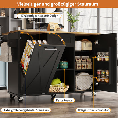 Keukeneiland – Keukentrolley – Keukenkast – Buffetkast – Keukenwagen – Inklapbaar Werkblad – Verstelbare Legplanken – 3D MDF-deuren – Metalen Handgrepen – Zwart – 142×40/63×87 cm