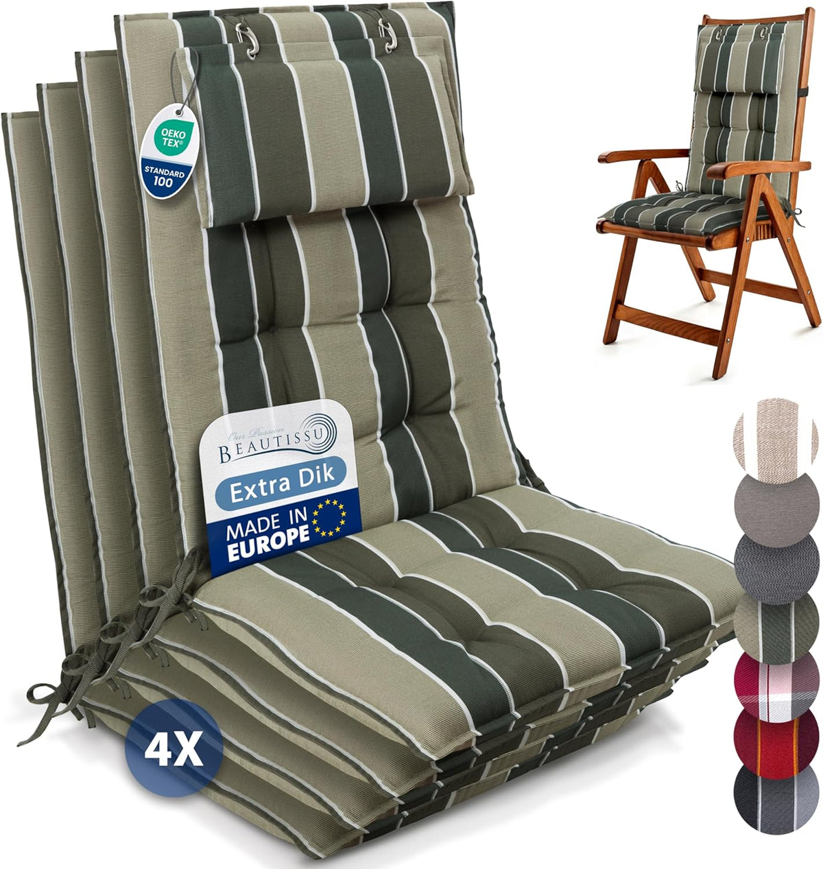 Beautissu Set van 4 Premium Hoge Rugleuning Kussen met Hoofdkussen 120x50 cm Sun-HL – UV-bestendig & 8cm Dik Kussen Tuinstoelkussen Antislip Bevestigingsbanden – Stevige Stof Groen Gestreept