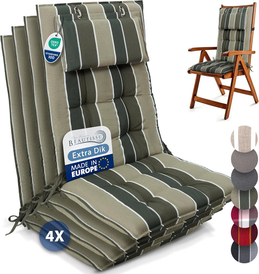Beautissu Set van 4 Premium Hoge Rugleuning Kussen met Hoofdkussen 120x50 cm Sun-HL – UV-bestendig & 8cm Dik Kussen Tuinstoelkussen Antislip Bevestigingsbanden – Stevige Stof Groen Gestreept