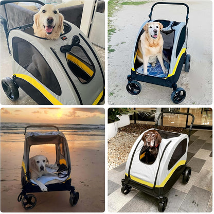 BingoPaw Heavy duty hondenwagen voor zware grote honden: opvouwbare hondenbuggy, tot 42 kg, hondenbuggy met 4 wielen, 3 netramen, verstelbare handgreep