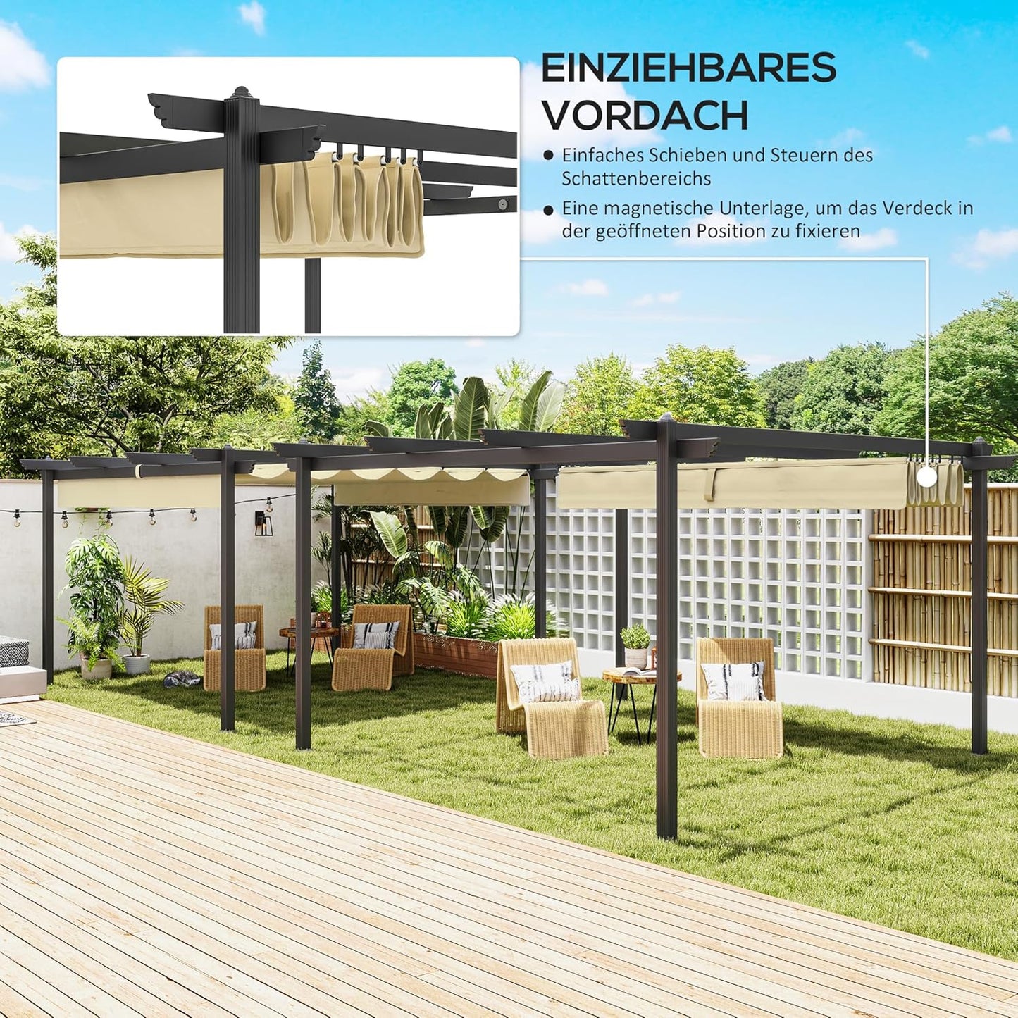 Aluminium Pergola – Tuinpaviljoen – Terrasoverkapping – Schaduwdoek – Buitenluifel – Inschuifbaar Dak – 390x390x223 cm – Roestvrijstalen 80mm Kolommen