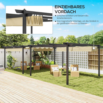 Aluminium Pergola – Tuinpaviljoen – Terrasoverkapping – Schaduwdoek – Buitenluifel – Inschuifbaar Dak – 390x390x223 cm – Roestvrijstalen 80mm Kolommen
