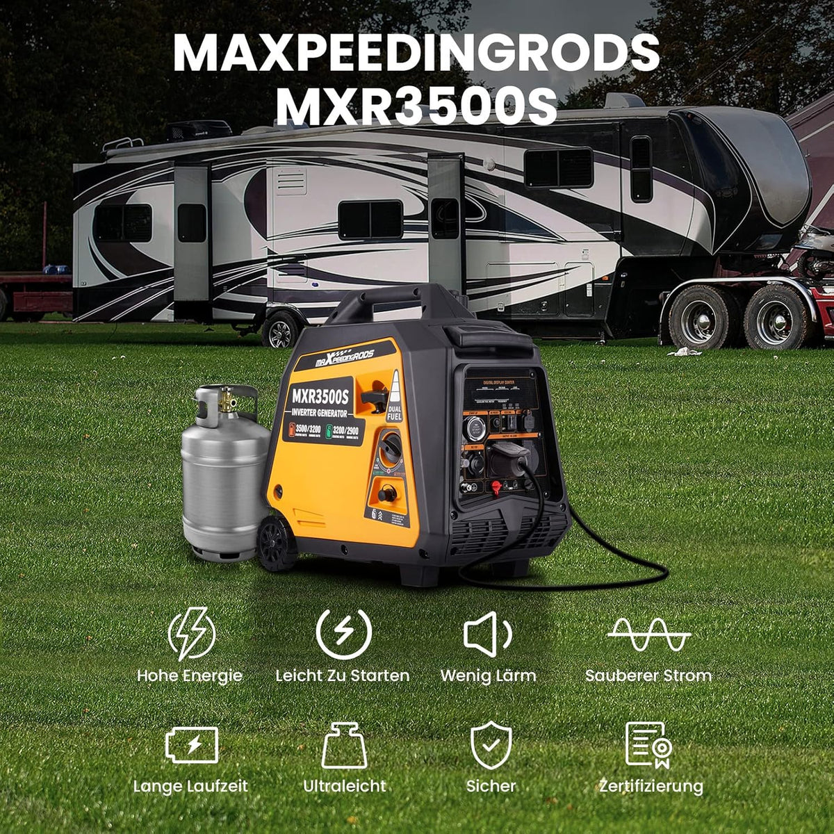 MaXpeedingrods Inverter, stroomgenerator, 3500 W, LPG/benzine, 4-takt, USB en 230 V stopcontact, generator op gas, digitaal, stil en licht, noodstroomaggregaat