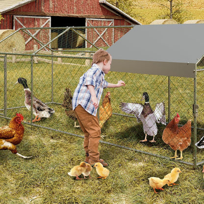 Zstar Large Chicken Coop, 304 x 100 x 100 cm, Galvanised Steel Roof Poultry House, with Sun Roof and Door, Small Animal House, Free Running for Chickens, Rabbits and Ducks in the Backyard, Silver - QUORE