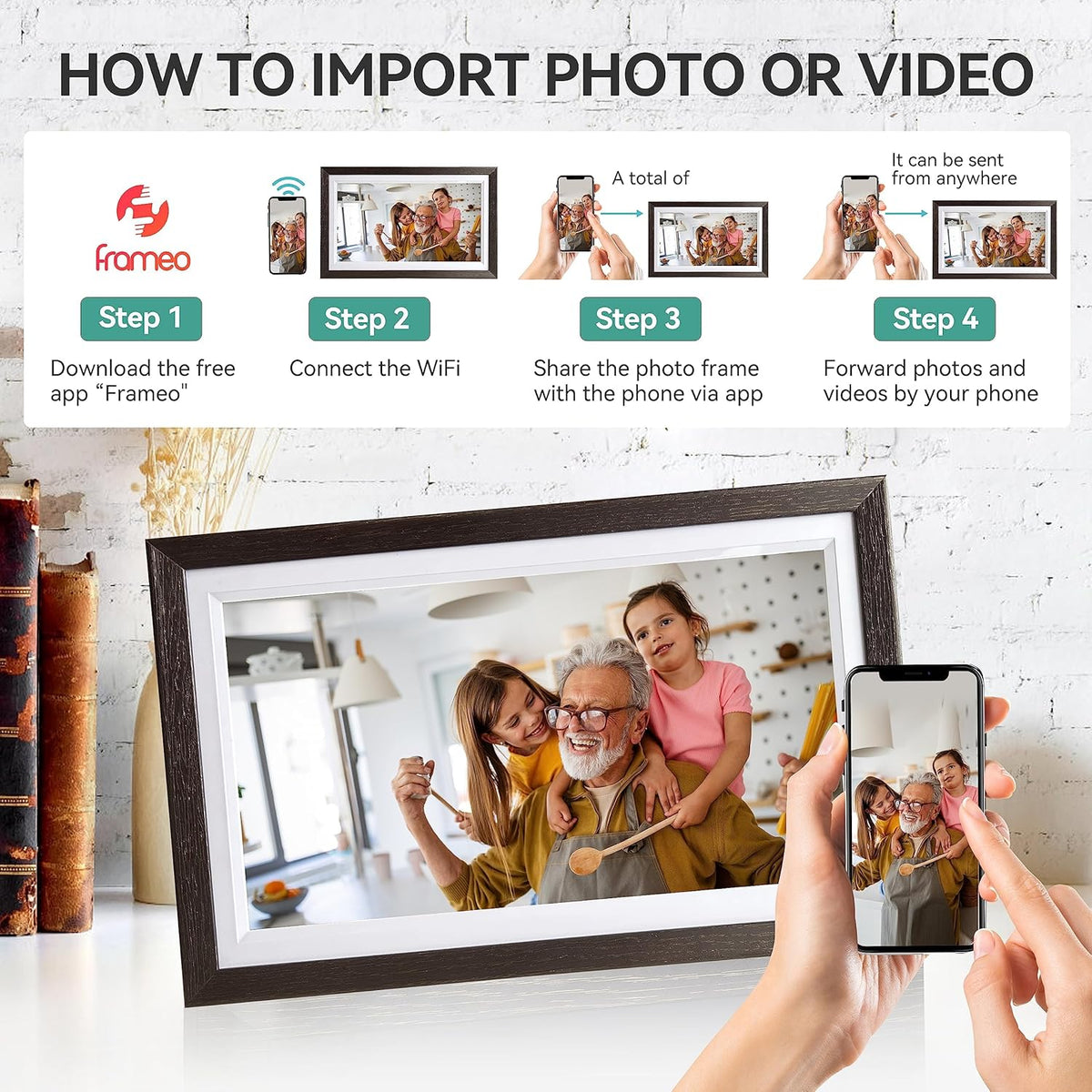 15,6 inch WLAN digitale fotolijst, 1366 x 768 IPS touchscreen, digitale fotolijst, 32G walnoot, deel foto's of video's via de Uhale-app