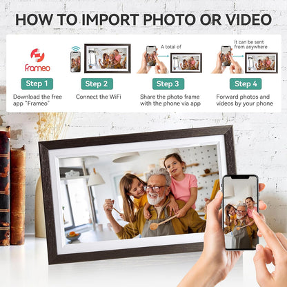 15,6 inch WLAN digitale fotolijst, 1366 x 768 IPS touchscreen, digitale fotolijst, 32G walnoot, deel foto's of video's via de Uhale-app