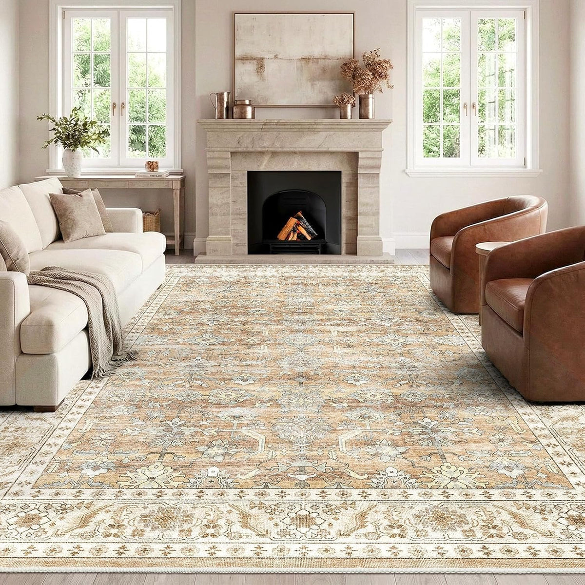 HOMFINE Vintage tapijt - woonkamertapijt slaapkamertapijt wasbare tapijten eetkamertapijt laagpolig buitentapijt pluizig antisliptapijt 300 x 400 cm Beigebruin