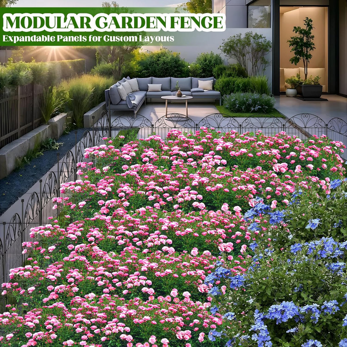 Metalen tuinomheiningspanelen set van 12 met poort, maximale lengte 678 cm, decoratieve roestbestendige tuinomheining, 80 x 56,5 cm panelen met 13 grondpalen voor gazon, bloembedden en huisdieren