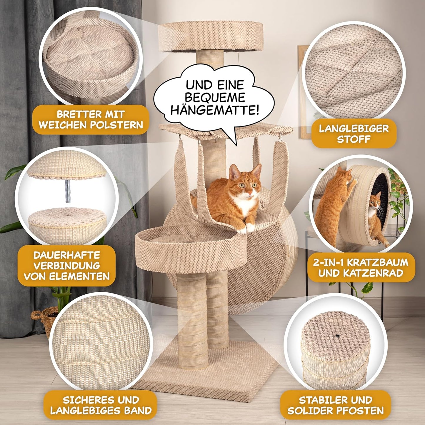 Krabpaal – Krabmeubel – Klimpaal – Kattenboom – Krabton – Beige – 135 cm Hoog – Inclusief Balansfiets