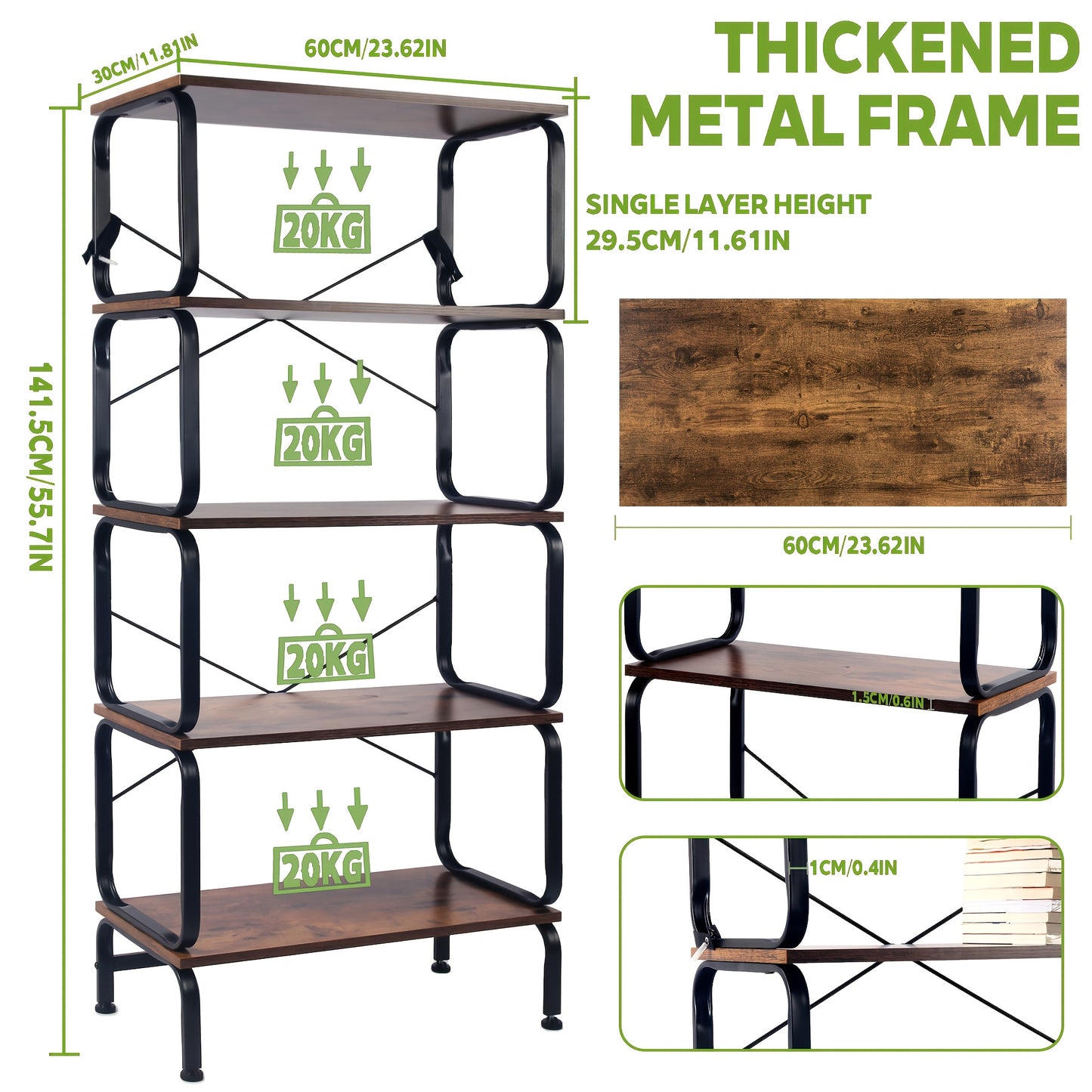 5-laags metalen opbergrek – boekenplank – staand rek – opslagrek – displaykast – Bruin met zwart frame – industrieel design – stevige constructie – ruimtebesparend verticaal model