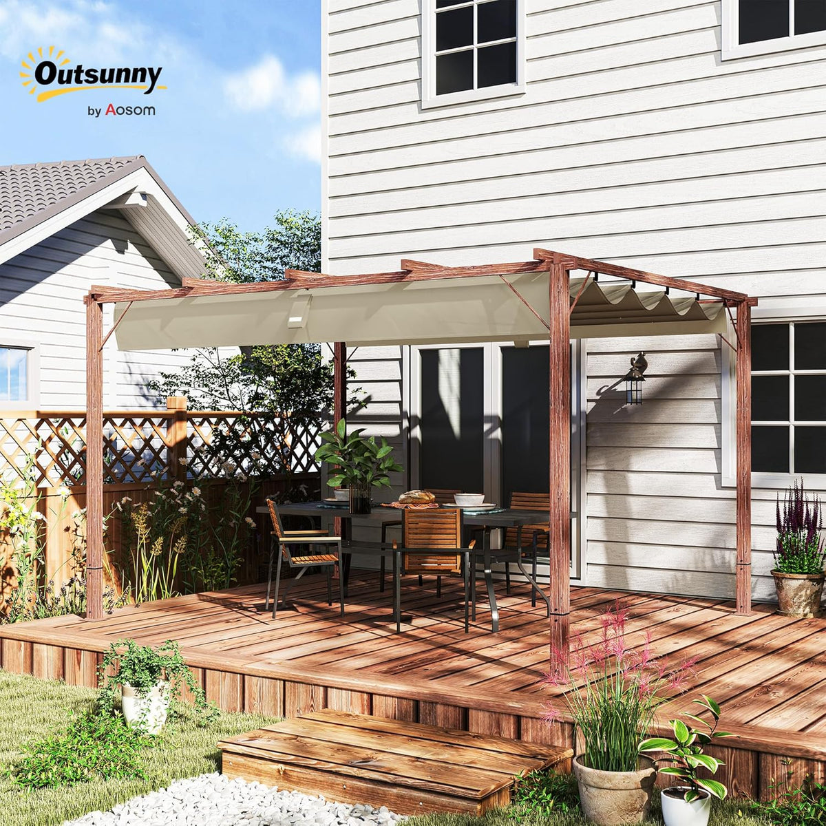 Outsunny Pergola approx. 3x4m Garten Pavillon mit magnetischen Pad, Terrassendachung aus Aluminium, Gartenpavillon mit verstellbares Dach, Freistehend, UV Schutz 30+, für Terrasse und Garten, - QUORE