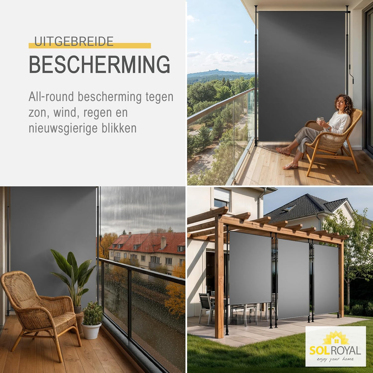 Sol Royal Balkonluifel zonder Boren 200x310cm – Privacy & Zonwering Klemluifel Verticaal Zonnescherm Buiten – Windbescherming Tuinterras Handslinger Antraciet Waterdicht KM5