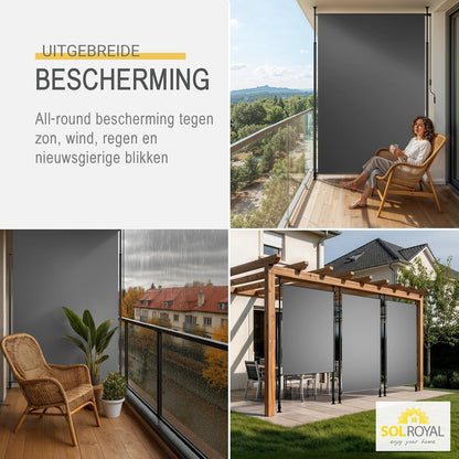 Sol Royal Balkonluifel zonder Boren 200x310cm – Privacy & Zonwering Klemluifel Verticaal Zonnescherm Buiten – Windbescherming Tuinterras Handslinger Antraciet Waterdicht KM5