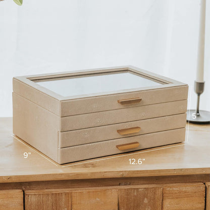 CASE ELEGANCE - Grote 3 Tier Sieraden Box, Opbergkoffer Organizer voor Vrouwen, Glazen Deksel voor Oorbellen Armbanden Ringen Kettingen, Vegan Leer, Fluwelen Gevoerde Sieraden Doos, Messing Hardware