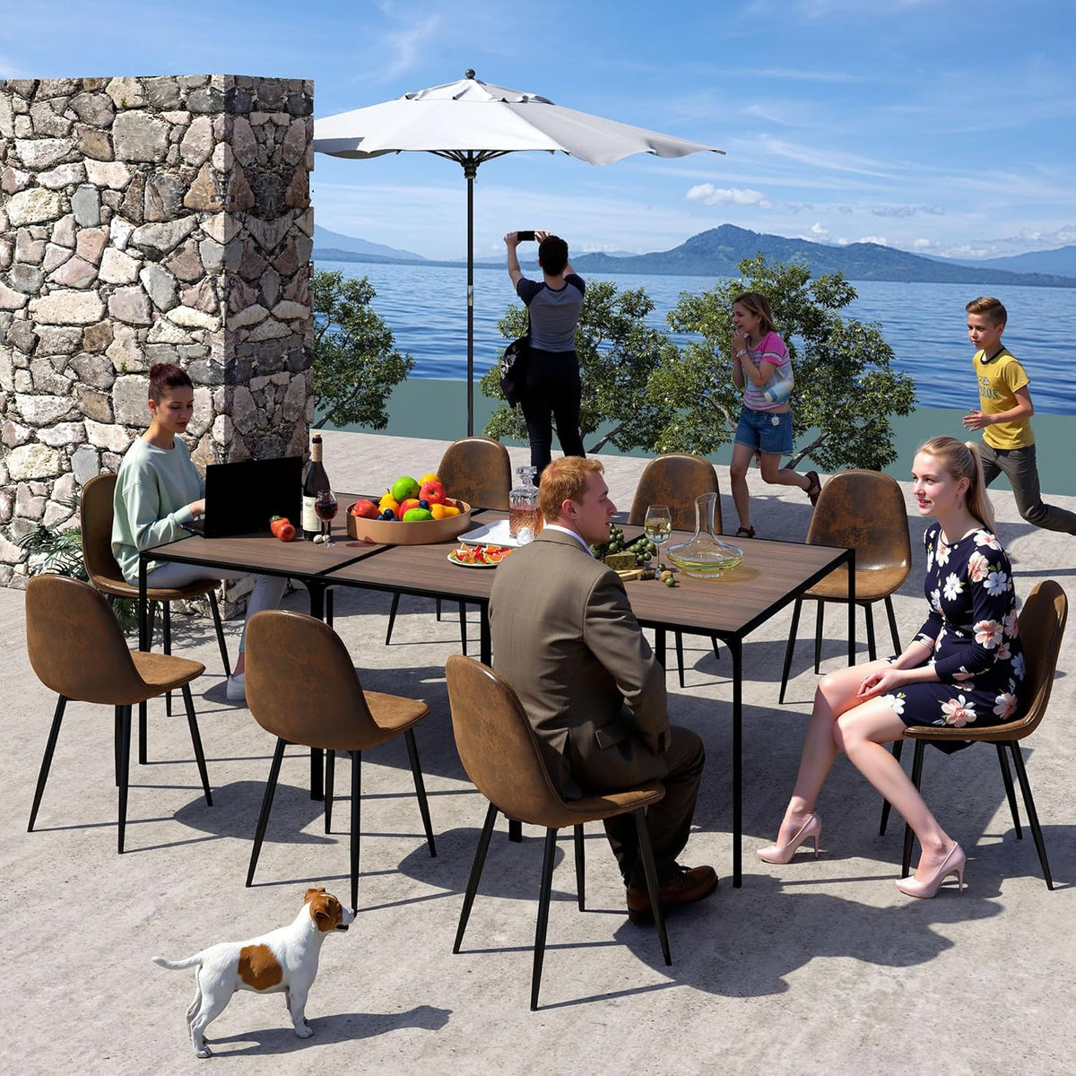 FurnitureR Terrasstoelen, set van 4 stuks, bruin velours, metalen frame, weerbestendig, tuinstoelen voor tafelgarnituur