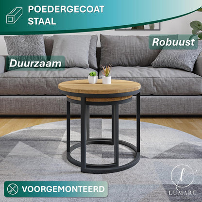 Modena, Set van 2 Salontafels van Massief Natuurlijk Eikenhout en Staal, Handgemaakt in Europa, Bijzettafel, Koffietafel, Coffee Table, Zwart, Ronde, Ø50x43 cm / Ø40x38 cm - QUORE