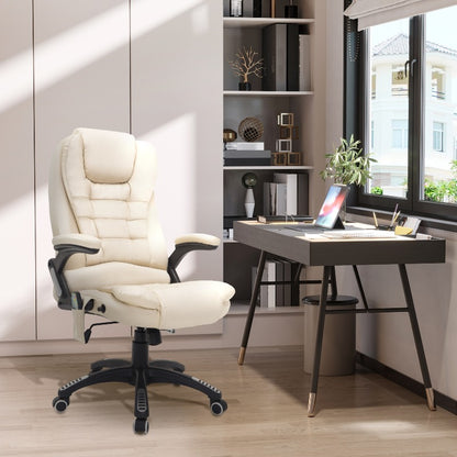HOMCOM Massage Office Executive Chair with 6-Zone Massage & Heating, Ergonomic High Back Recliner with Adjustable Headrest, Lumbar Support, Height Adjustment, 360° Swivel & Sturdy Metal Base - Beige PU Leather for Home Offic