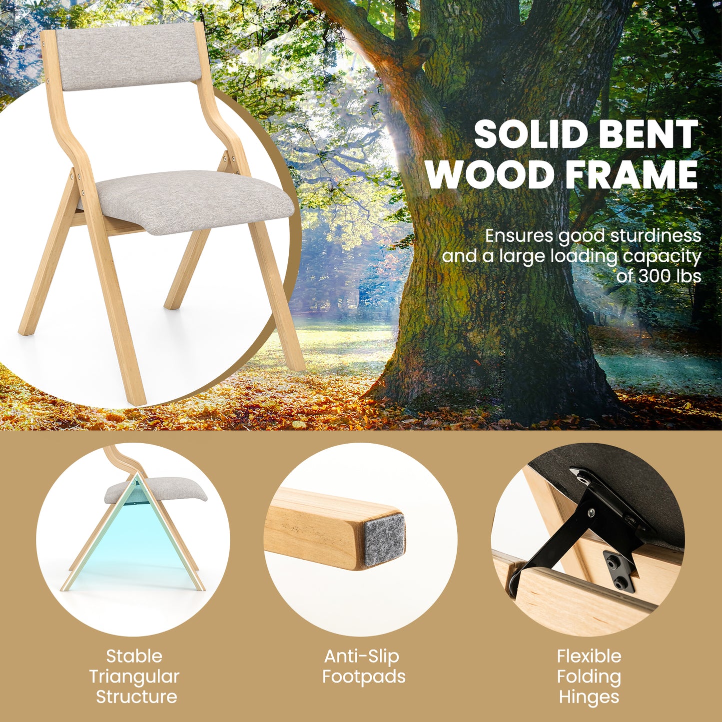 Inklapbare Eetkamerstoelen – Opvouwbare Stoelen – Klapstoelen – Extra Stoelen – Houten Stoelen – Linnen Bekleding – Compact & Stevig Frame – Set Van 2 – Grijs/Natuurlijk