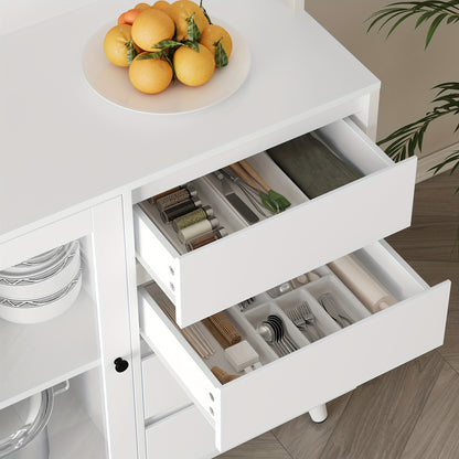 Vrijstaande Opbergkast – Keukenkast – Vitrinekast – Ladenkast – Buffetkast – MDF Hout – 3,2+ Kubieke Voet Opbergruimte – Modern Wit Met Glasdeuren