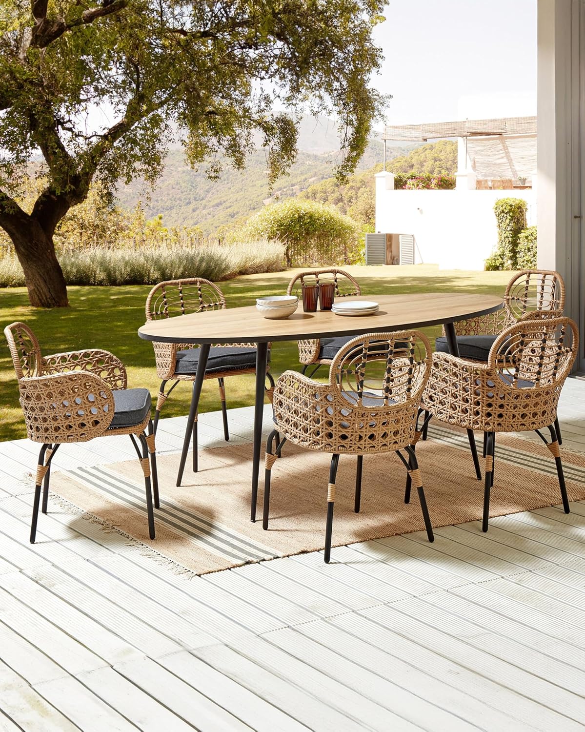 Boho set of 6 PE rattan braided garden chairs natural grey cushions Pratello - QUORE
